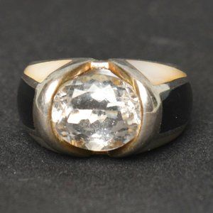 Beautiful Silver 925 J&T ring with Onyx, Mother of Pearl and large clear stone